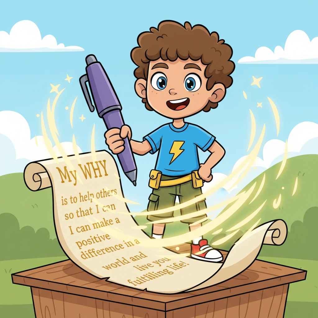 Leo, beaming, writes down his 'WHY' statement in bold, flowing letters on a large scroll. 'My WHY is to help others so that I can make a positive difference in the world and live a fulfilling life!' A golden glow emanates from his words, symbolizing his clear purpose. He feels a powerful sense of direction.