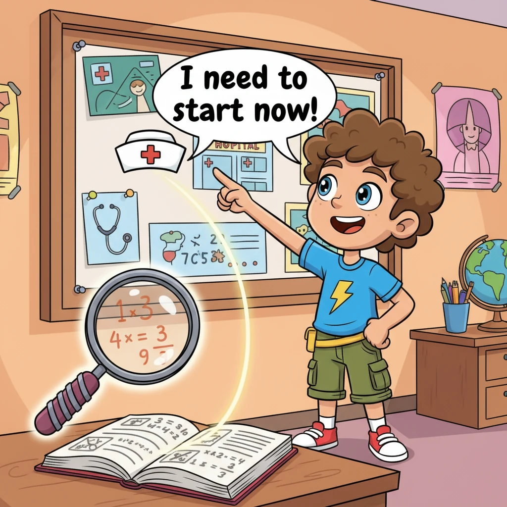 He gazes at his grand vision board, then points a determined finger at the nurse's cap. 'To become a nurse, I need to start now!' he declares. A whimsical magnifying glass appears, zooming in on a math textbook from his desk, linking his big dream to an immediate, academic challenge.