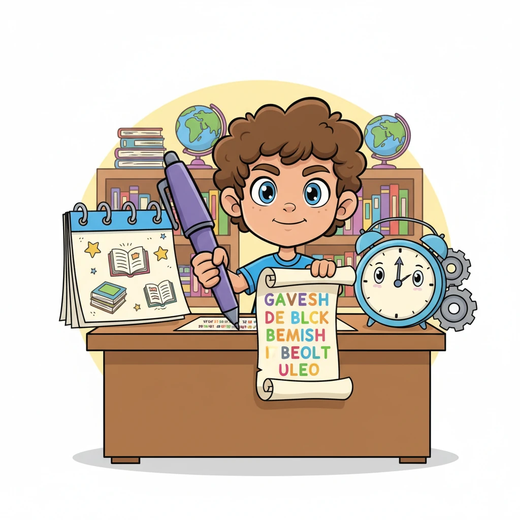 With focused energy, Leo writes his SMART goal: 'By the end of this semester, I will raise my math grade from a C to a B by attending tutoring twice a week and turning in all assignments on time.' The words are neat and organized, framed by a playful calendar and a clock, emphasizing the timeline and action.