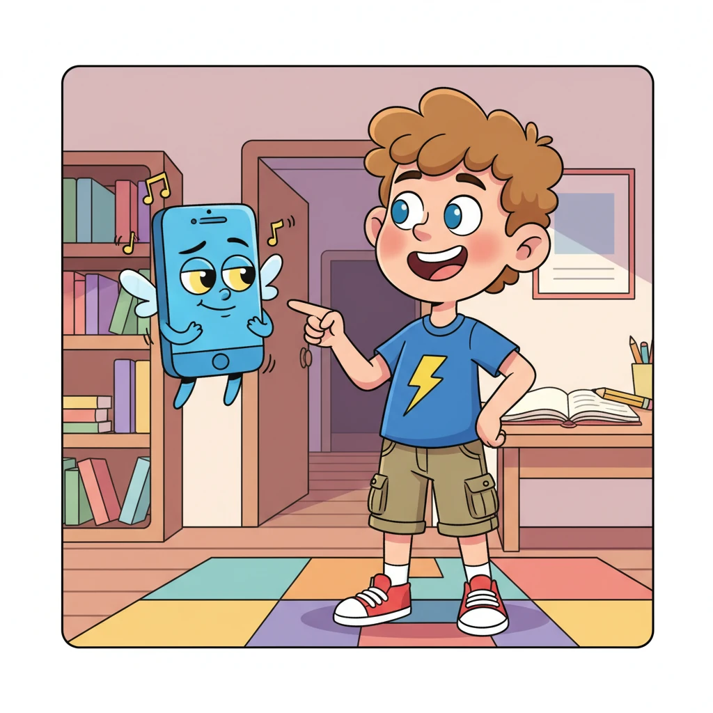 Leo ponders his daily habits, a mischievous-looking phone character buzzing temptingly beside him. He makes a firm decision, playfully pointing at the phone. 'To stay on track, I will put my phone in another room while I study each night!' he announces with a confident grin.