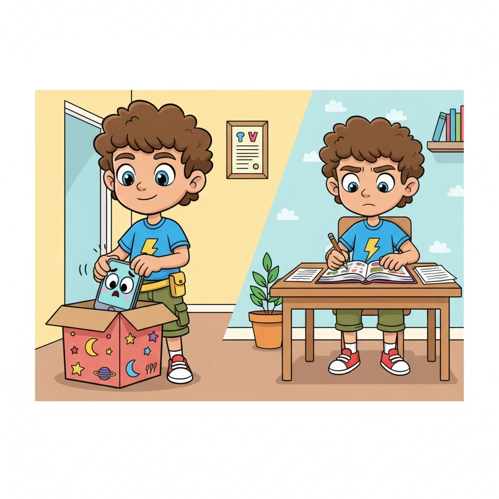 True to his word, Leo gently places his buzzing phone into a decorated 'phone-free zone' box in the hallway, its little phone-face looking surprised but resigned. He then returns to his desk, a focused, determined expression on his face, ready to tackle his math homework without distraction. The room feels calm and productive.