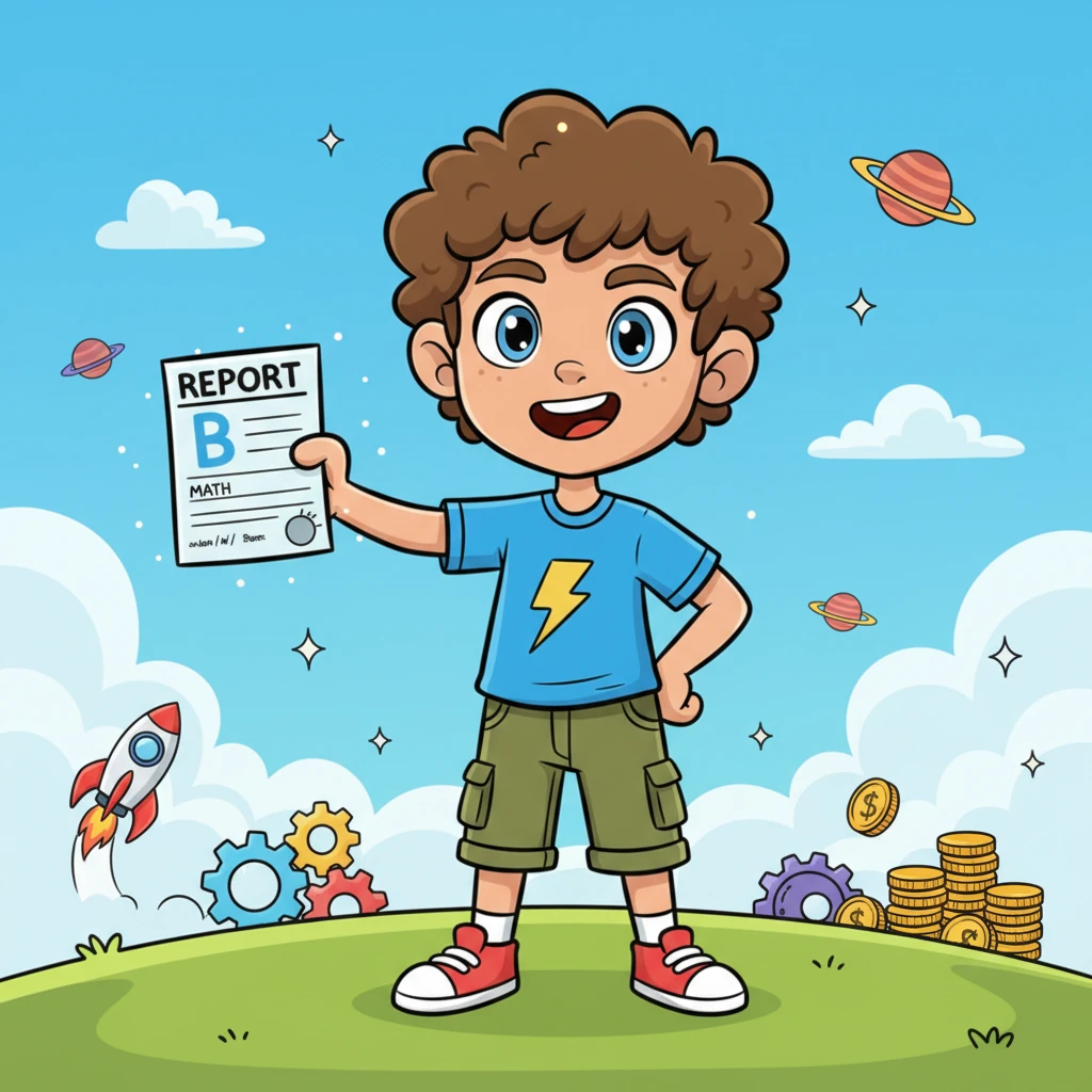Weeks later, Leo stands tall, a proud smile on his face, holding a report card with a shining 'B' in math. He looks confidently towards the horizon, where his vibrant vision board elements, now slightly closer and more tangible, sparkle in the distance. A hero in the making, ready for his next adventure!