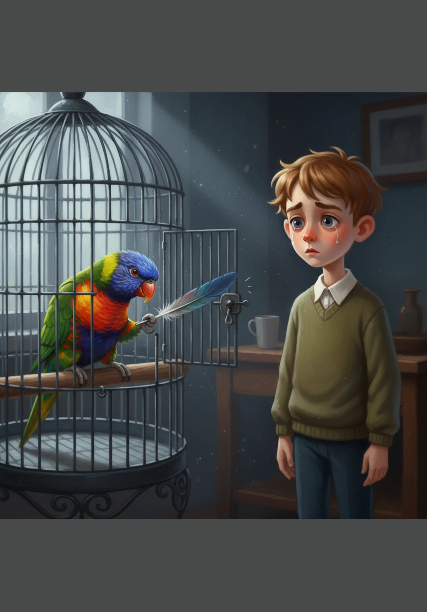 Kiro spürt die Traurigkeit seines Freundes und fasst in einer mondhellen Nacht einen mutigen Entschluss. Mit viel Geduld und einer ausgefallenen Feder fummelt er so lange am Schloss seines Käfigs herum, bis es leise klick macht.