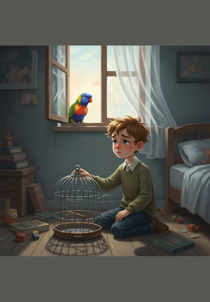 Kurz bevor die Sonne aufgeht, schlüpft Kiro durch einen Spalt im Fenster ins Freie, um Tavi heimlich zu folgen. Als Tavi wenig später aufwacht und den leeren Käfig sieht, kullert eine dicke Träne über seine Wange, weil er denkt, sein bester Freund sei weggelaufen.