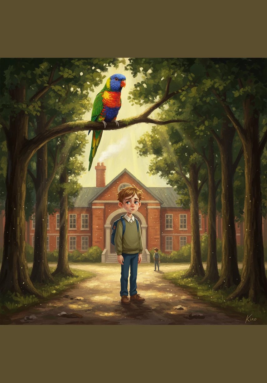 Nach einem traurigen Frühstück macht sich Tavi auf den Weg zur Schule, ohne zu bemerken, dass Kiro hoch oben in den Baumwipfeln über ihm schwebt. Der Papagei hält sich im dichten Laub versteckt und lässt seinen Freund keine Sekunde aus den Augen.