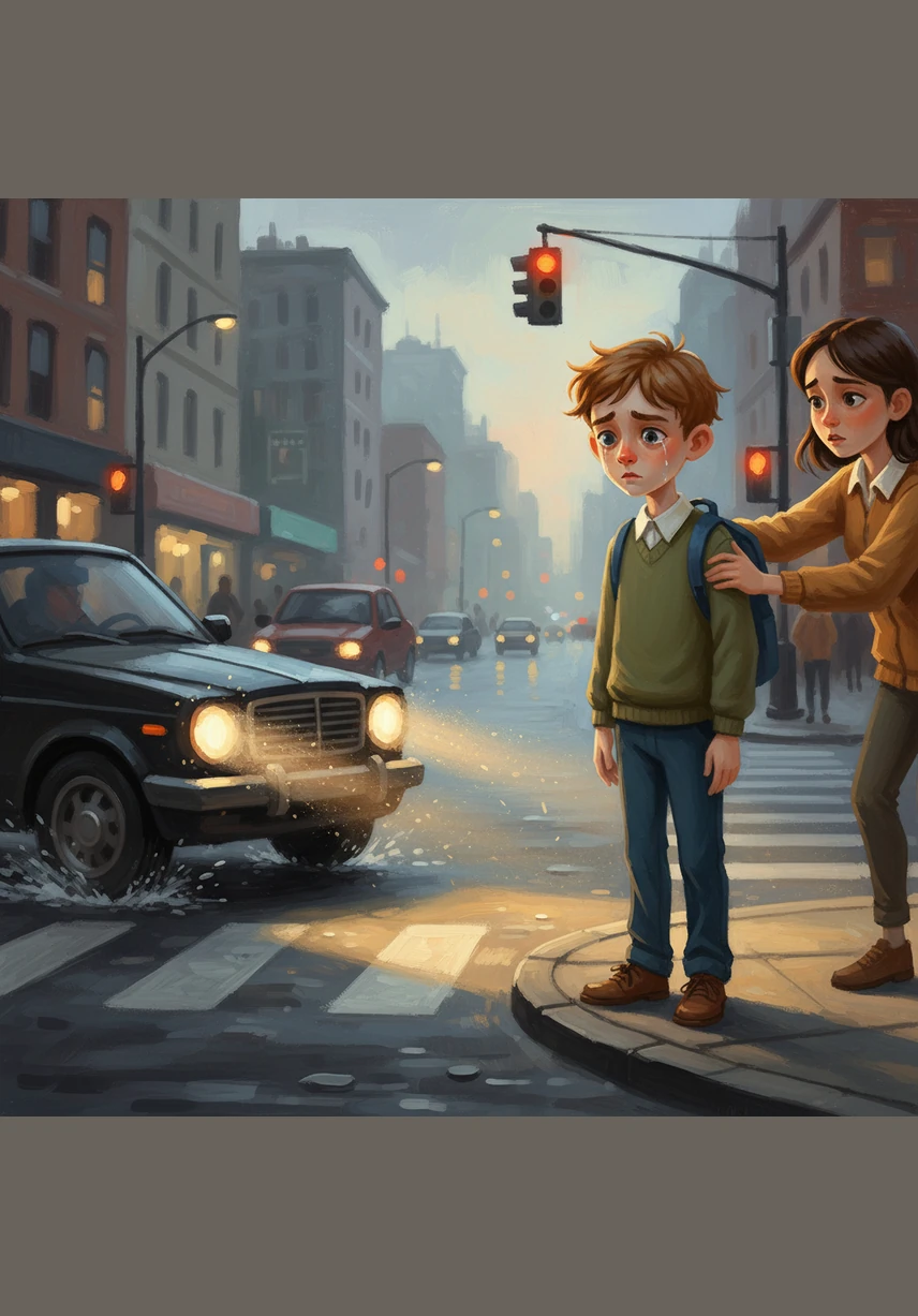 An einer gefährlichen Kreuzung ist Tavi so in seine Sorgen vertieft, dass er fast ein herannahendes Auto übersieht. Plötzlich spürt er eine Hand an seiner Schulter, als ein fremdes Mädchen ihn sanft zurückzieht und ihn vor der Gefahr bewahrt.