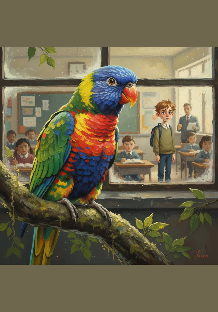 Später im Klassenzimmer beobachtet Kiro von einem Ast vor dem Fenster aus, wie Tavi über einer schwierigen Rechenaufgabe brütet. Er sieht voller Stolz, wie der Lehrer Tavi aufmunternd die Hand auf die Schulter legt und ihm hilft, die Lösung zu finden.