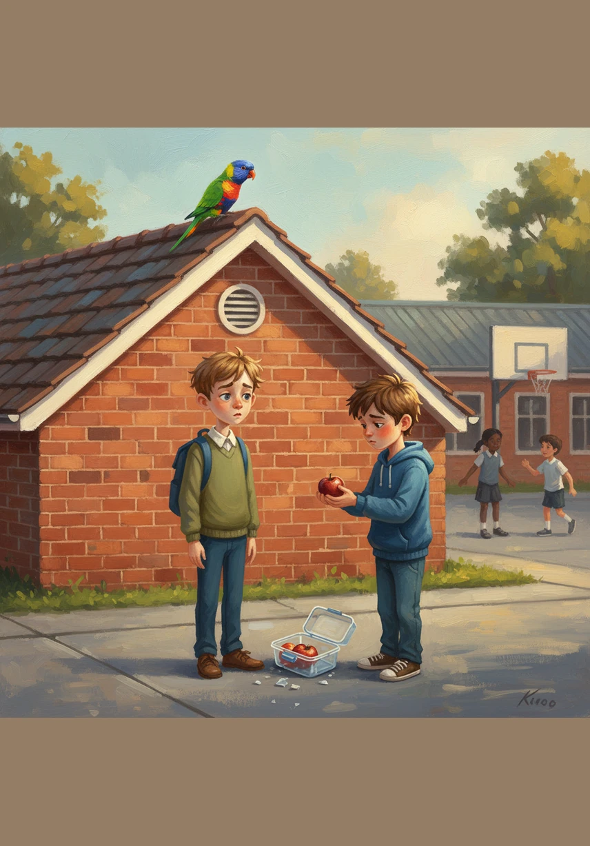 In der großen Pause landet Kiro unbemerkt auf dem Schuldach und schaut zu, wie ein Junge auf Tavi zugeht. Der Junge entschuldigt sich verlegen, weil Tavis Brotdose am Vortag kaputtgegangen ist, und bietet ihm einen Apfel als Zeichen der Versöhnung an.