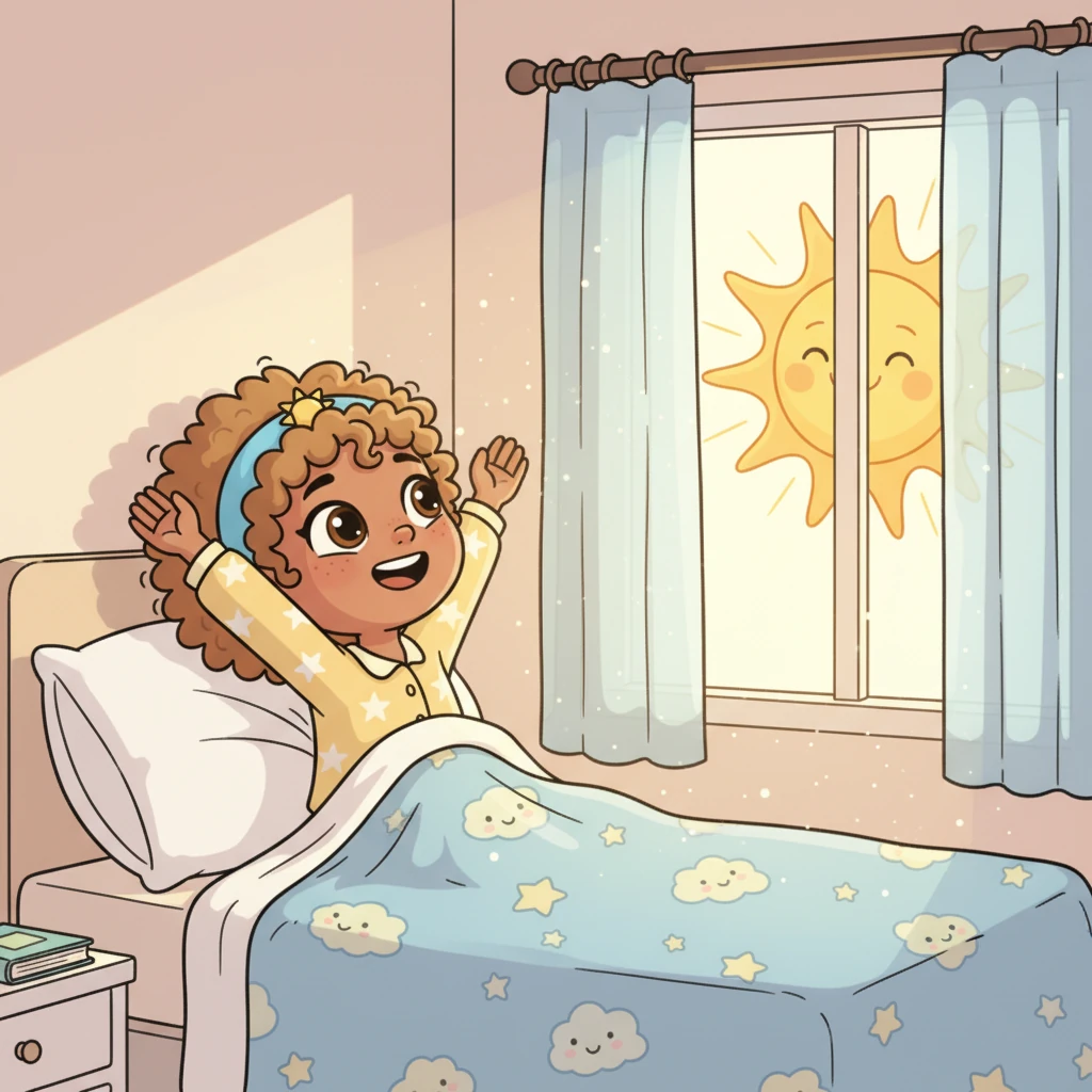 Lily peeks out from under her cozy blanket, a wide smile on her face as the bright, cheerful sun peeks through her window, painting her room in warm, golden hues. She stretches her arms up high, ready for a brand new day.