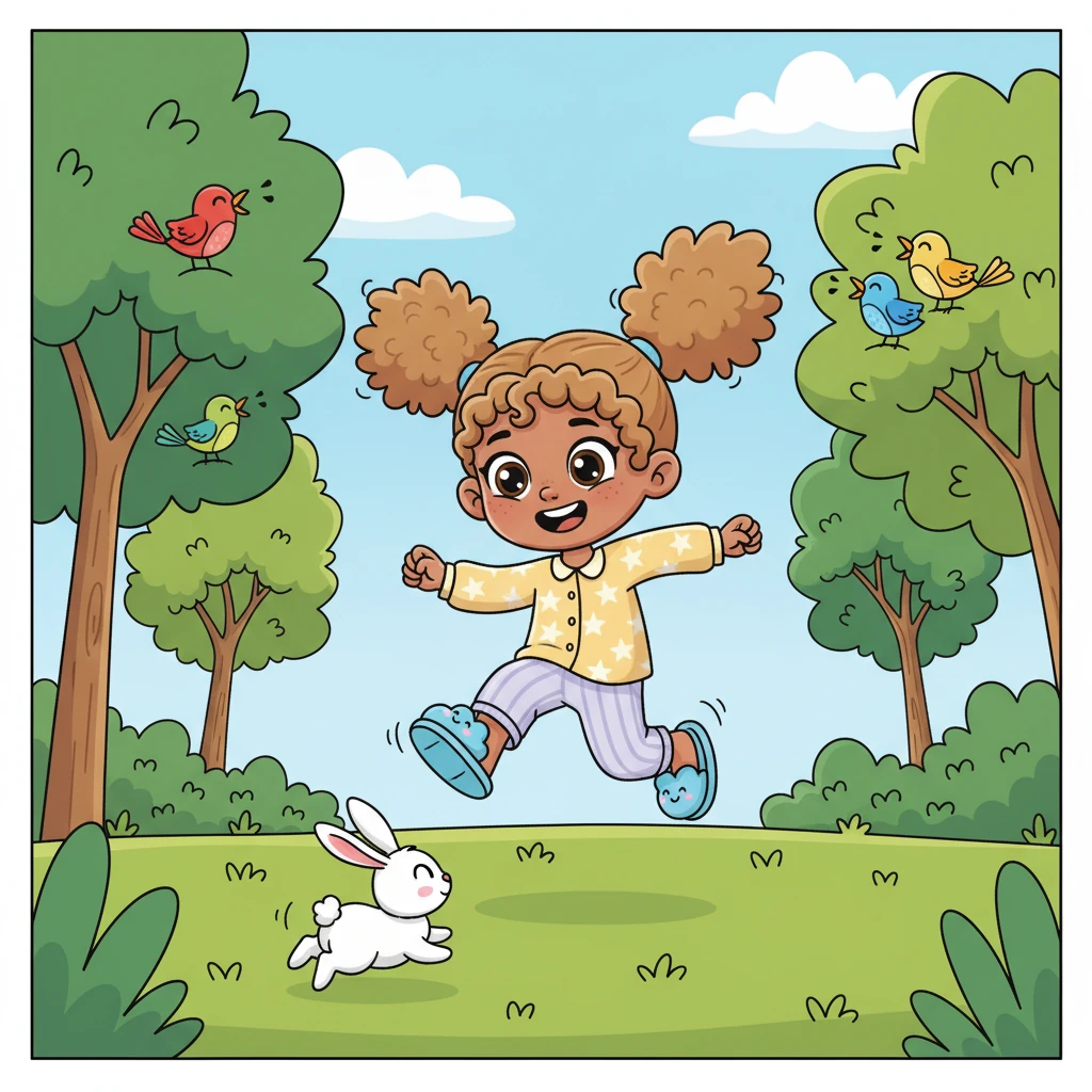 Outside, Lily skips through a vibrant green park, her pigtails bouncing. Colorful birds chirp happily from leafy trees, and a tiny, fluffy bunny hops by, making her giggle with delight. She feels thankful for all the wonders of nature.