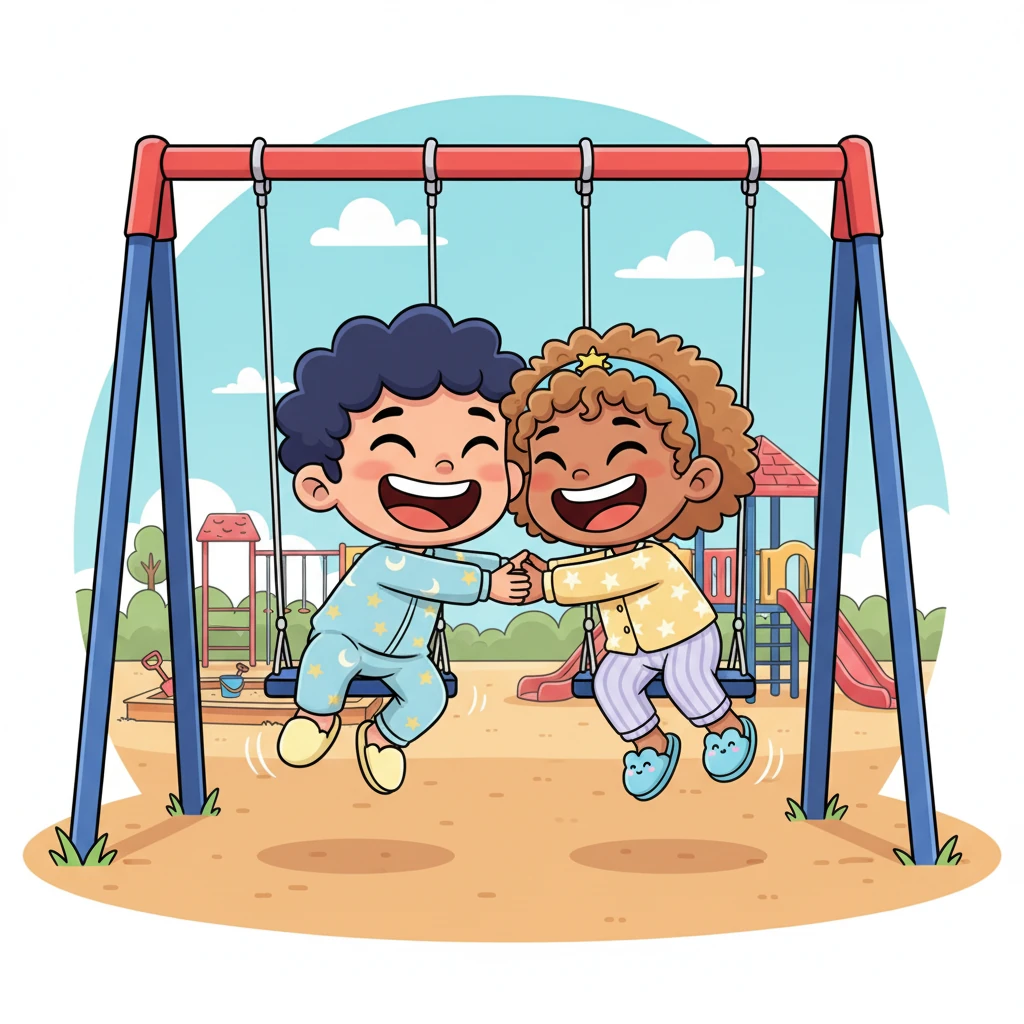 Lily meets her friend, Tom, at the playground. They share a big, joyful hug and then laugh as they swing higher and higher, their smiles stretching from ear to ear. She's so glad for kind friends and fun games.