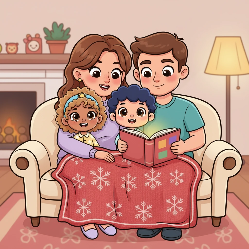 Back home, Lily snuggles between her parents on a comfy couch, a warm blanket draped over them. They read a story together, and Lily feels a warm glow in her heart, thankful for her loving family and happy home.