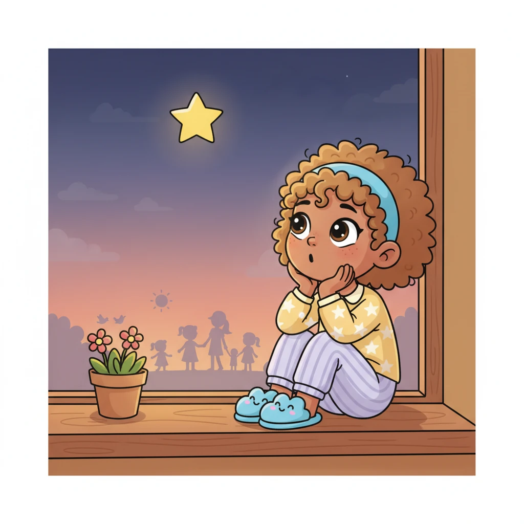 As evening settles, Lily sits at her window, watching the first star twinkle. She thinks about the sunshine, the birds, her friends, and her family, whispering, "Thank you for everything!" with a happy sigh.