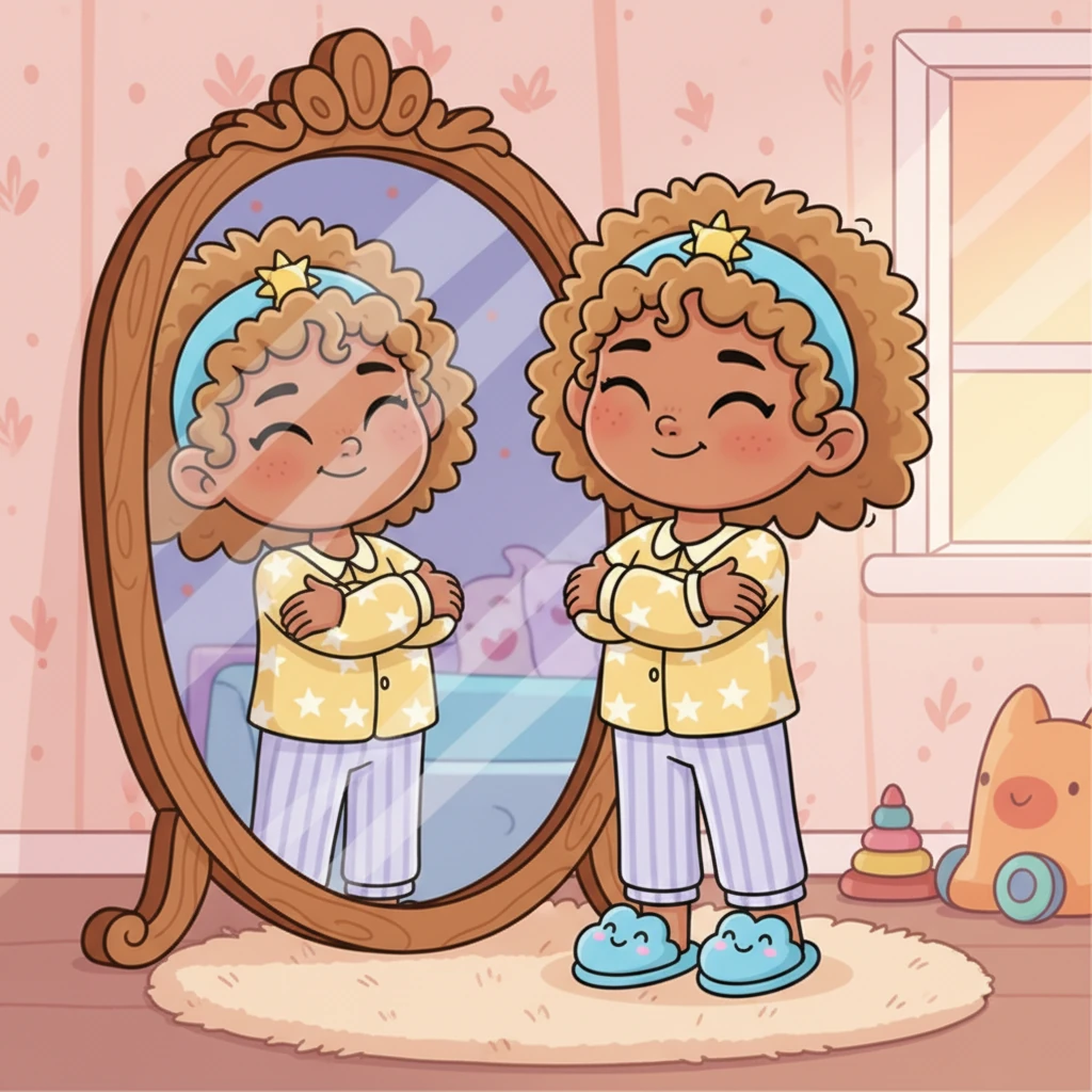 In her pajamas, Lily looks at her reflection in the mirror, giving herself a little hug. She knows she is loved from her wobbly toes to her bouncy head, feeling cherished and special.