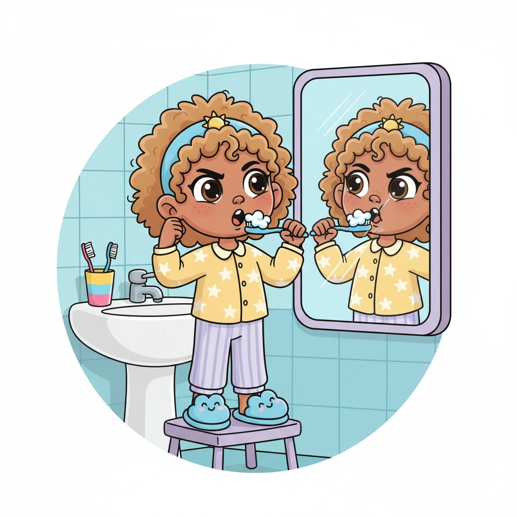 Brushing her teeth, Lily makes a funny, strong face in the mirror, flexing her tiny muscles. She reminds herself, "I am strong, I am kind, and I am brave!" She feels like she can do anything.
