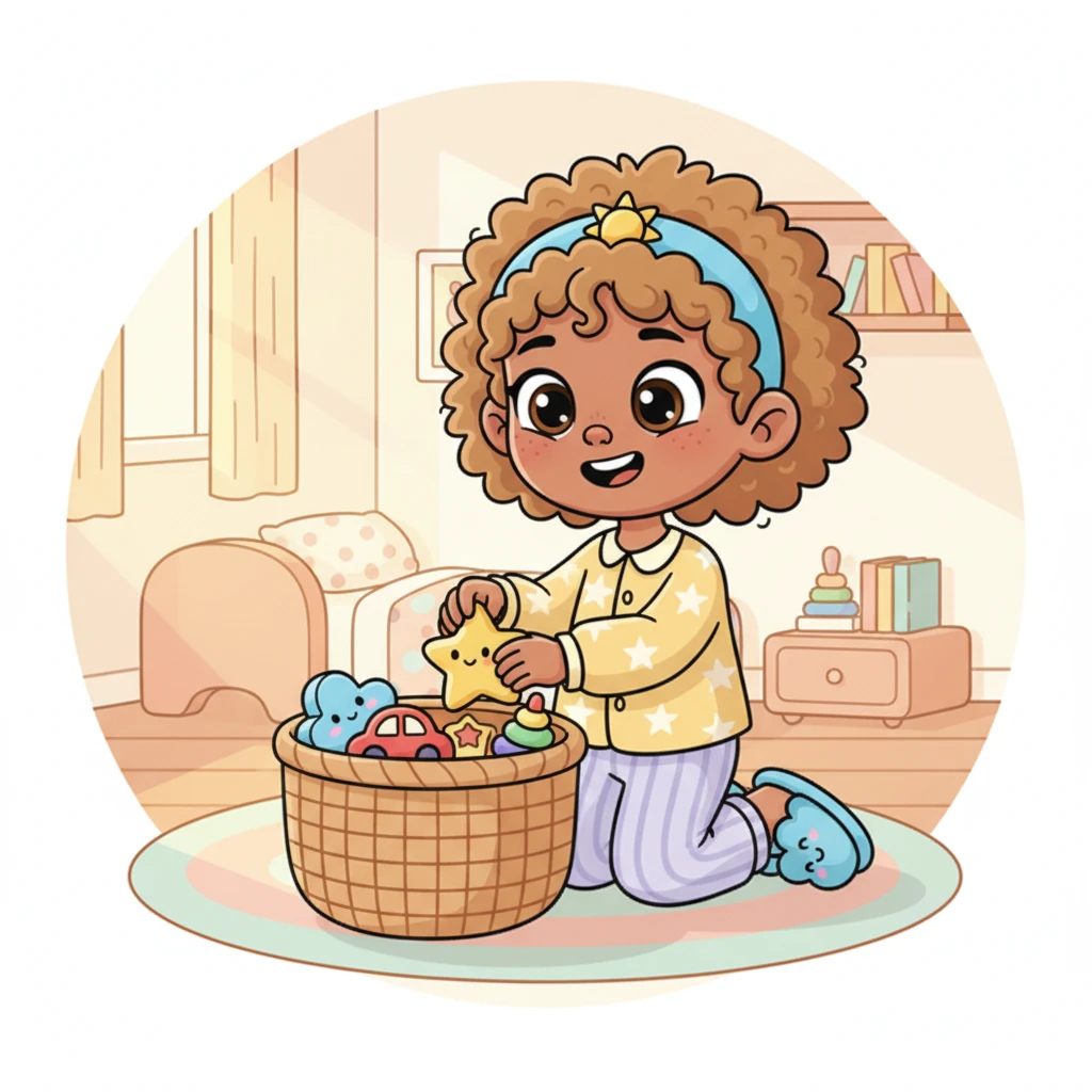 Lily tidies her toys, placing each one gently back in its basket. She thinks about how her helpful hands and kind words make a difference, making her feel good inside.