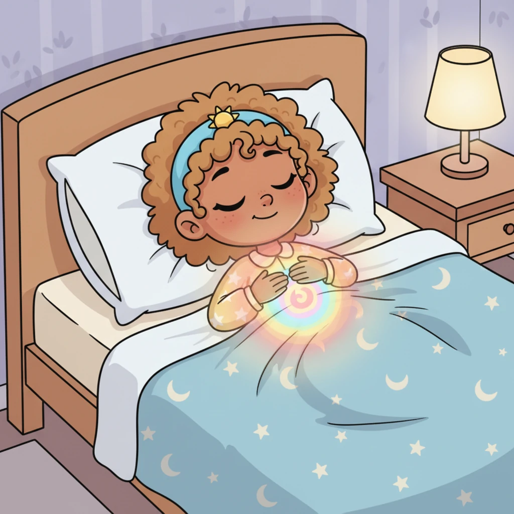 Settled in her bed, Lily closes her eyes, imagining a gentle, warm light inside her heart. She feels peace, love, and joy filling her up, making her feel wonderfully happy.