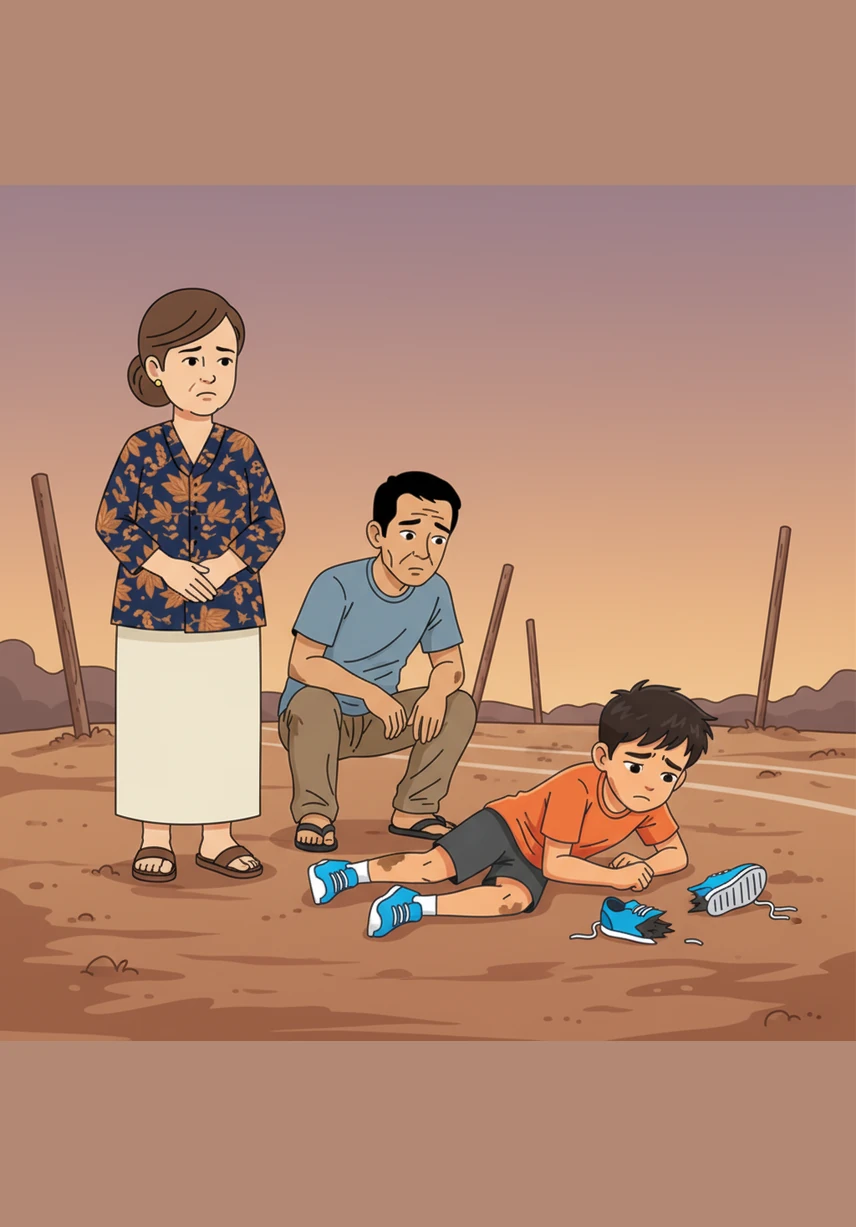 Suatu sore saat sedang berlatih dengan giat, sol sepatu kanan Bimo tiba-tiba terlepas sepenuhnya, membuatnya tersandung dan jatuh ke tanah yang keras. Ia menatap sepatunya yang rusak dengan sedih, menyadari bahwa ia tidak memiliki biaya untuk membeli sepatu lari yang layak.