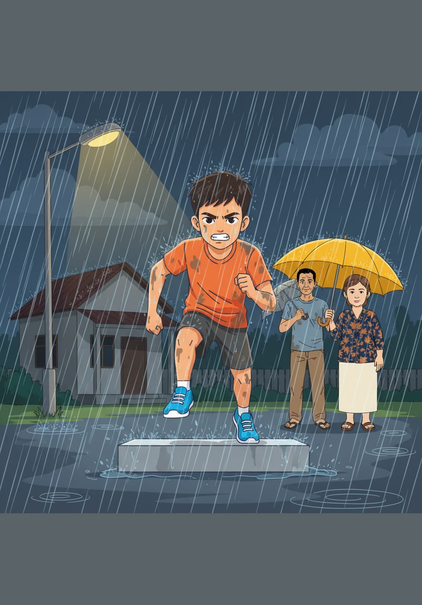 Akhirnya Bimo berhasil membeli sepasang sepatu lari berwarna biru cerah, namun rintangan baru muncul saat musim hujan tiba dengan sangat lebat. Jalanan desa menjadi sangat berlumpur dan licin, memaksa Bimo untuk tetap berlatih meskipun kakinya terasa sangat berat terbenam lumpur.