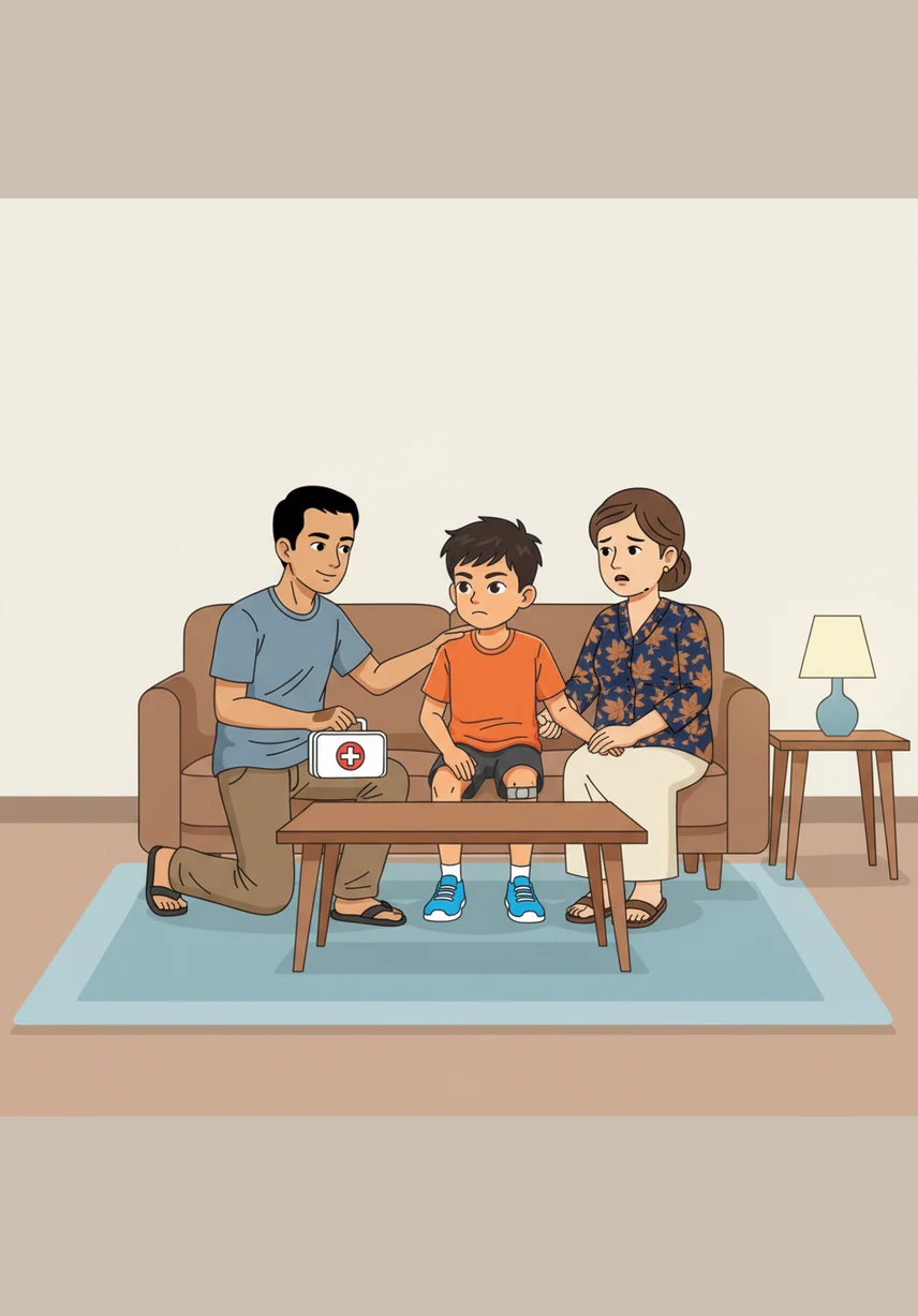 Ibu Bimo dengan penuh kasih sayang mengobati luka di lututnya dan memberikan kata-kata penyemangat yang sangat menyejukkan hati. Dukungan hangat dari keluarganya menjadi kekuatan baru bagi Bimo untuk bangkit kembali dan memulai proses pemulihannya dengan penuh kesabaran.