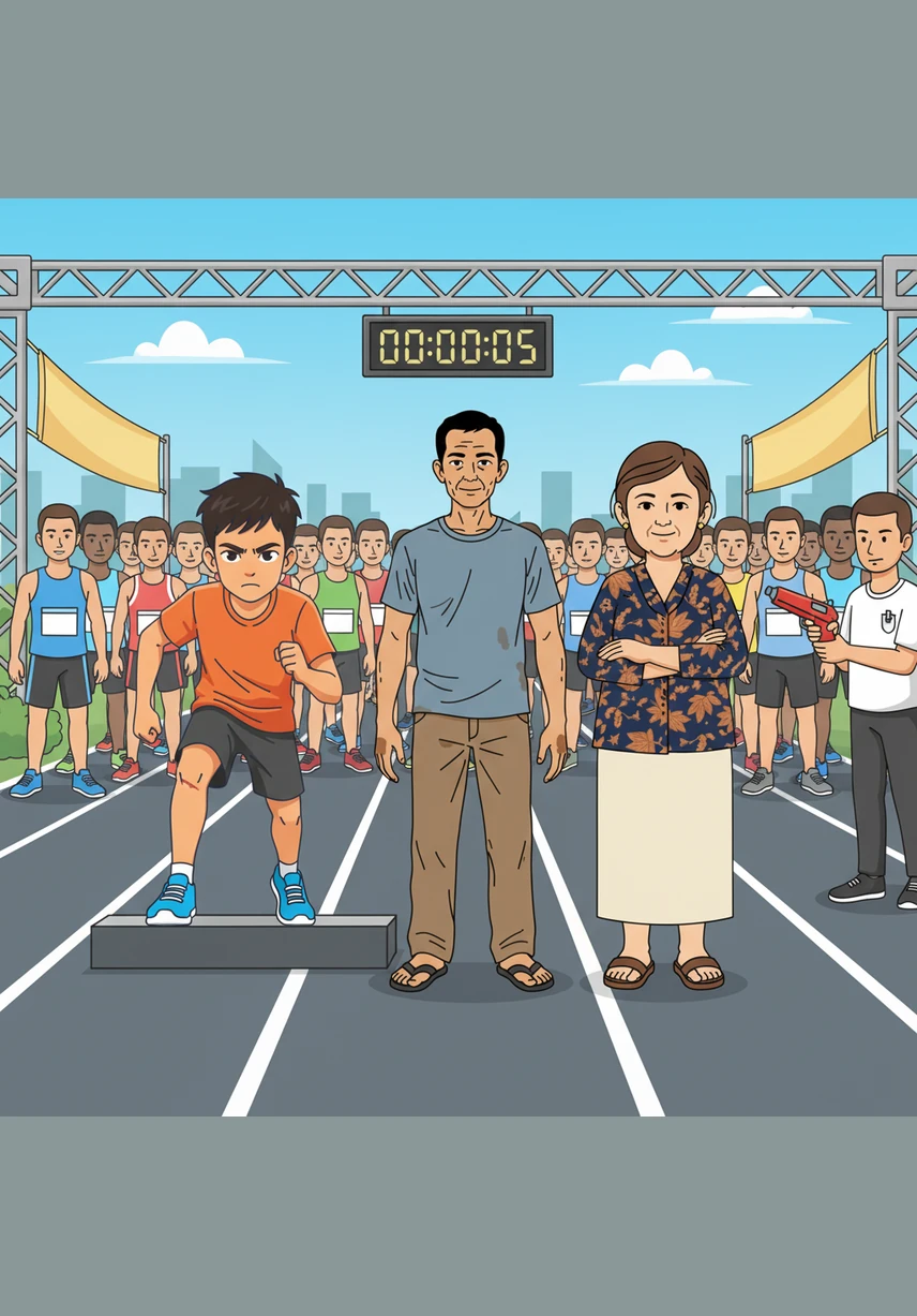 Hari perlombaan lari tingkat kota yang dinanti-nantikan akhirnya tiba, dan Bimo berdiri di garis start dengan perasaan yang sangat berdebar. Meskipun peserta lain memiliki perlengkapan yang lebih mewah, Bimo tetap fokus dan meyakinkan dirinya bahwa ia telah berlatih sangat keras.