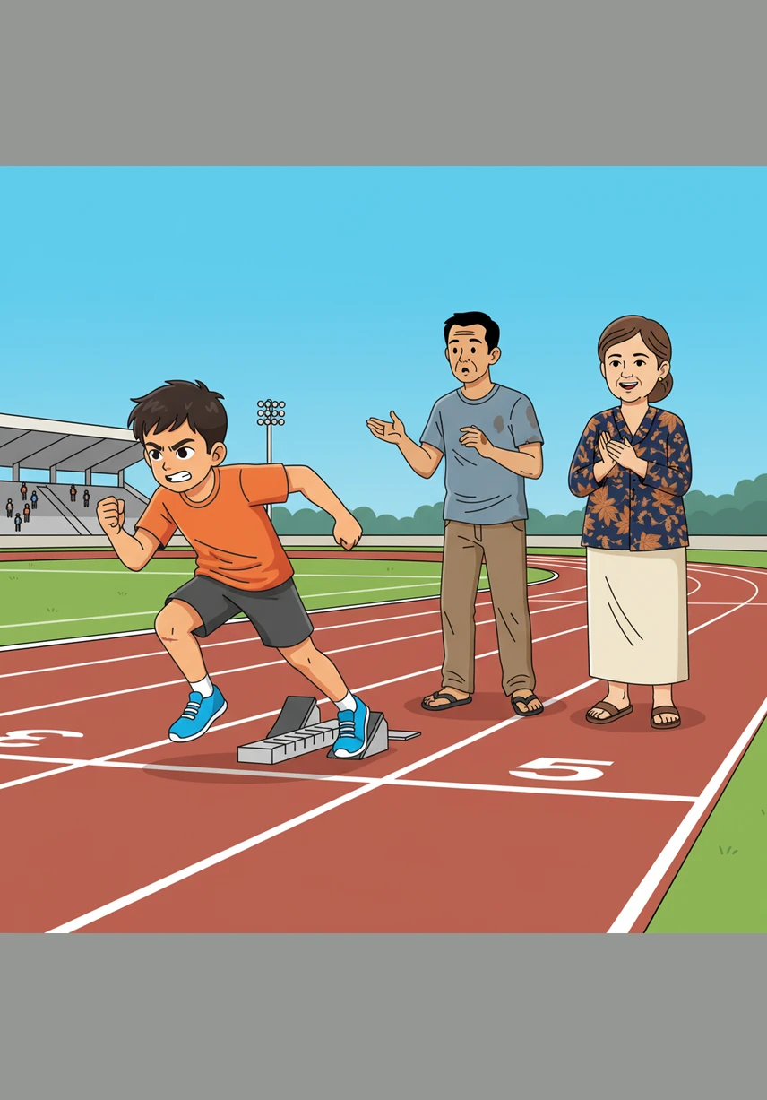 Pistol start berbunyi nyaring, dan Bimo melesat sekuat tenaga melintasi lintasan atletik yang sebenarnya untuk pertama kali dalam hidupnya. Di pertengahan lomba, ia sempat tertinggal di posisi belakang, namun ia teringat semua perjuangannya dan mulai menambah kecepatannya dengan penuh semangat.