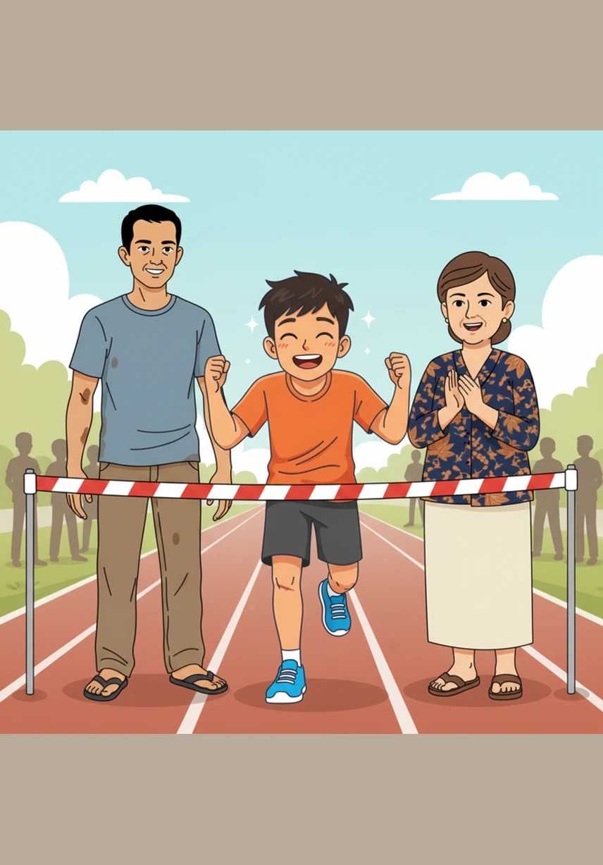 Dengan sisa tenaga yang ada, Bimo melintasi garis finis dengan senyuman lebar dan rasa syukur yang luar biasa di dalam hatinya. Meski ia tidak menjadi juara pertama, Bimo menyadari bahwa keberhasilannya melewati semua rintangan telah menjadikannya seorang pelari sejati yang pantang menyerah.