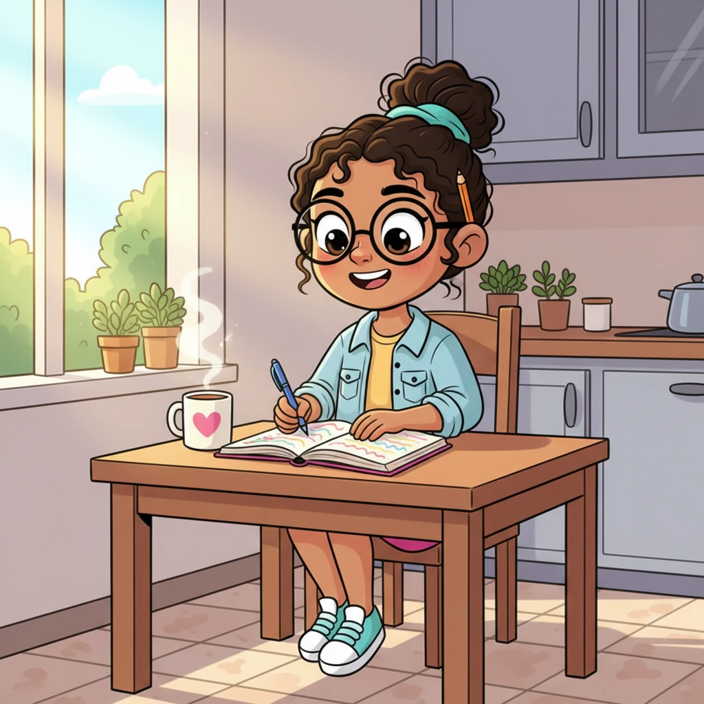 Claudia, con una sonrisa radiante y un lápiz detrás de la oreja, está sentada en su cocina brillantemente iluminada, trazando una lista de tareas en un cuaderno grande y colorido. Su taza de café humea alegremente a su lado, mientras el sol de la mañana entra por la ventana, prometiendo un día productivo.