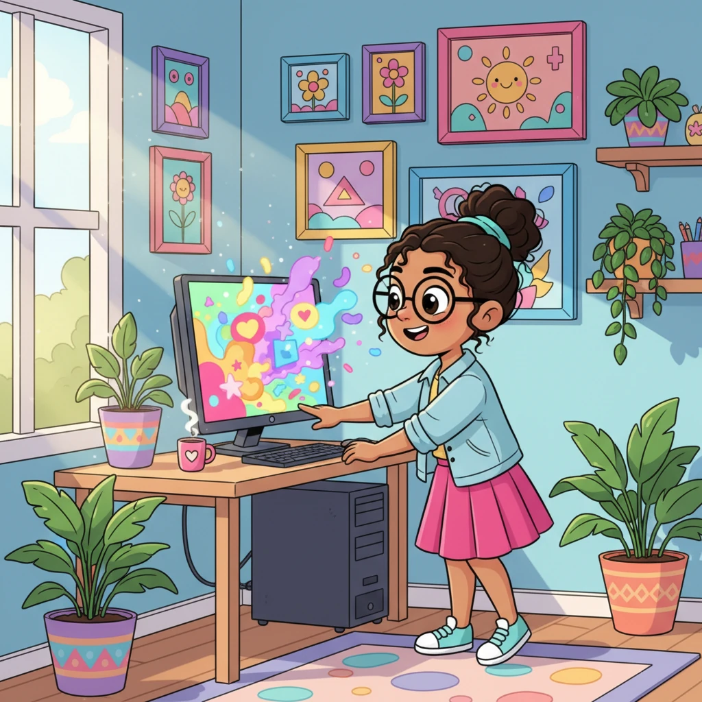 Llega a su vibrante oficina, un espacio lleno de plantas y cuadros alegres. Con entusiasmo, enciende su computadora, cuya pantalla se ilumina con colores vivos, lista para sumergirse en su importante proyecto de diseño gráfico.