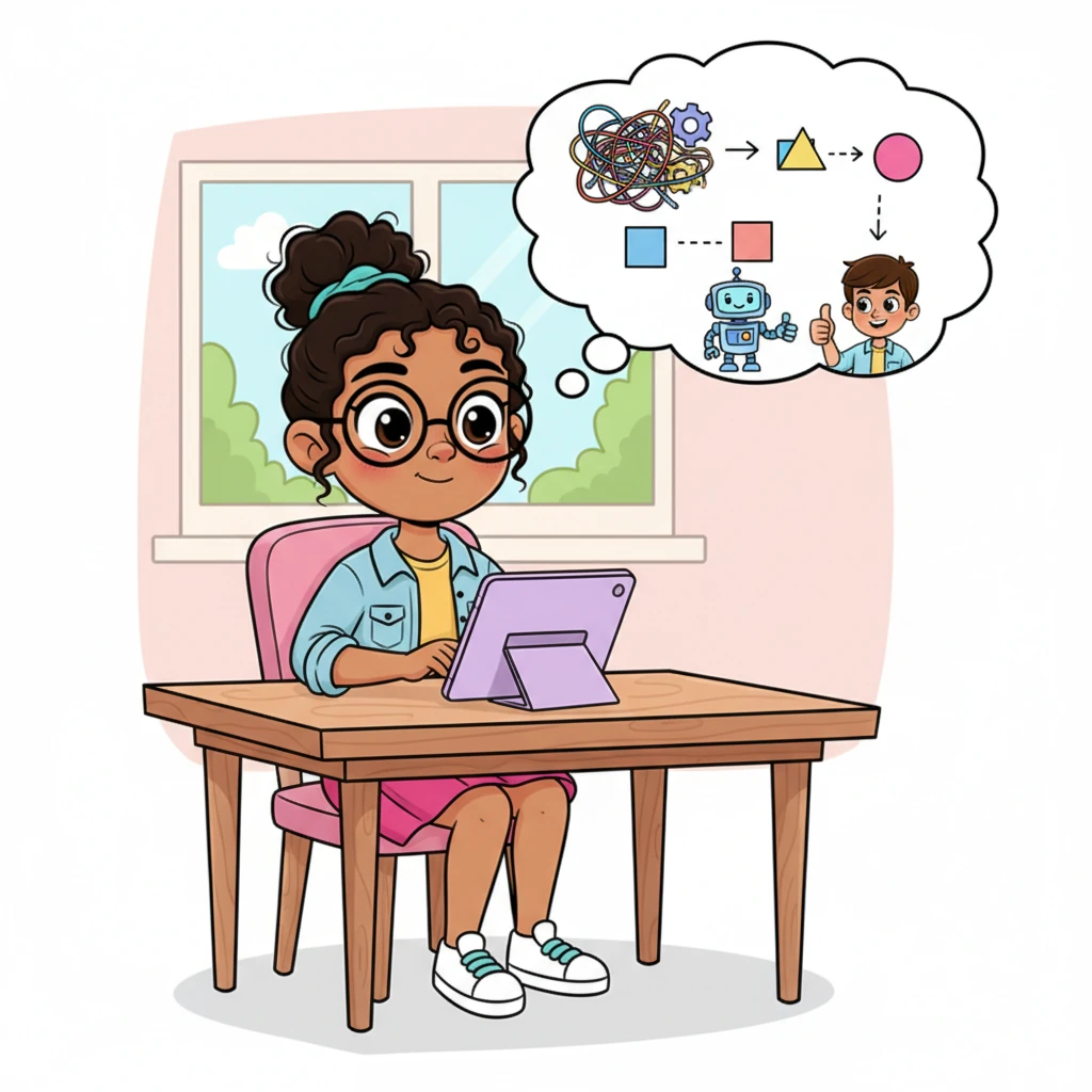 Claudia lee un correo electrónico del cliente, su rostro sereno mientras sus dedos teclean con calma. Una burbuja de pensamiento ilustra cómo descompone un concepto técnico complejo en imágenes sencillas y amigables, asegurándose de que el cliente entienda cada paso con facilidad.