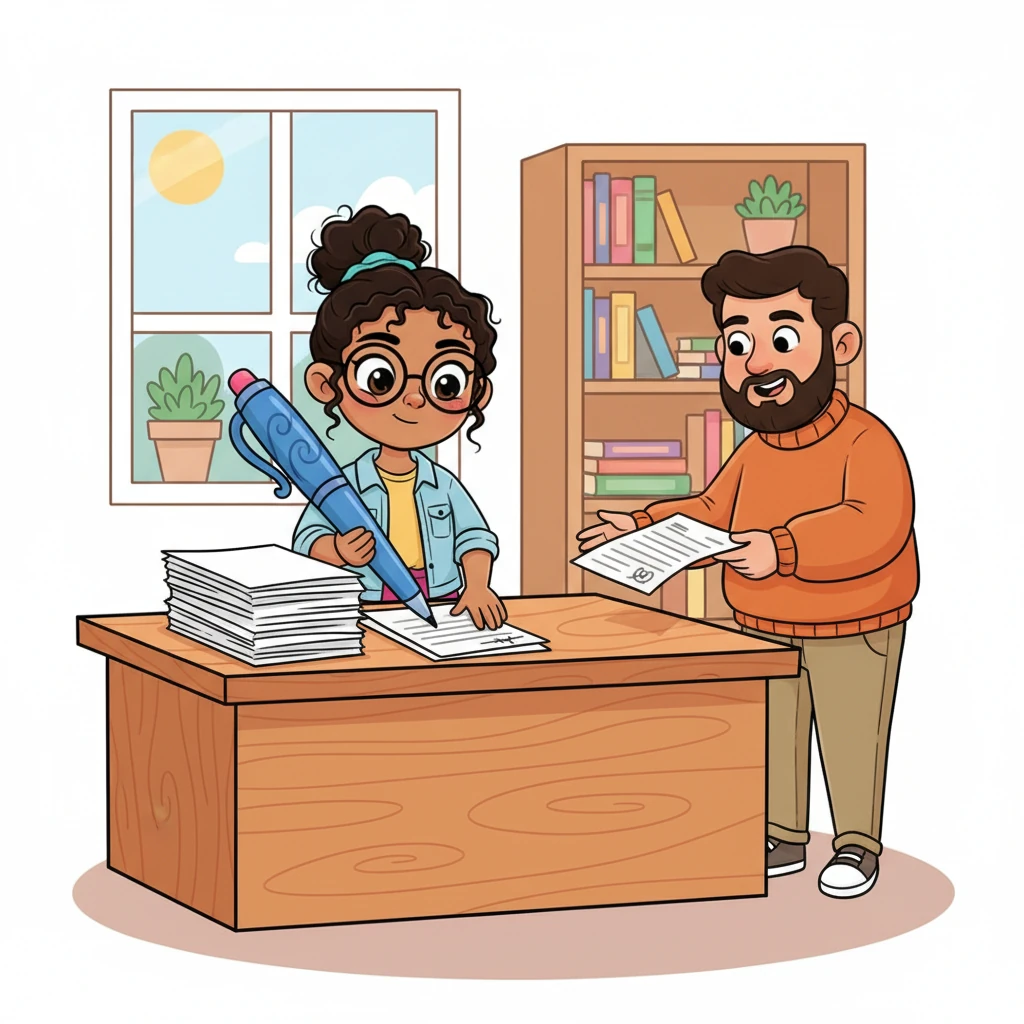 El jefe de Claudia, con una expresión amigable, le entrega unos documentos importantes. Claudia, con su mano firme y segura, lee rápidamente el contrato y lo firma con un bolígrafo grande y juguetón, dejando el papel ordenadamente sobre su escritorio.