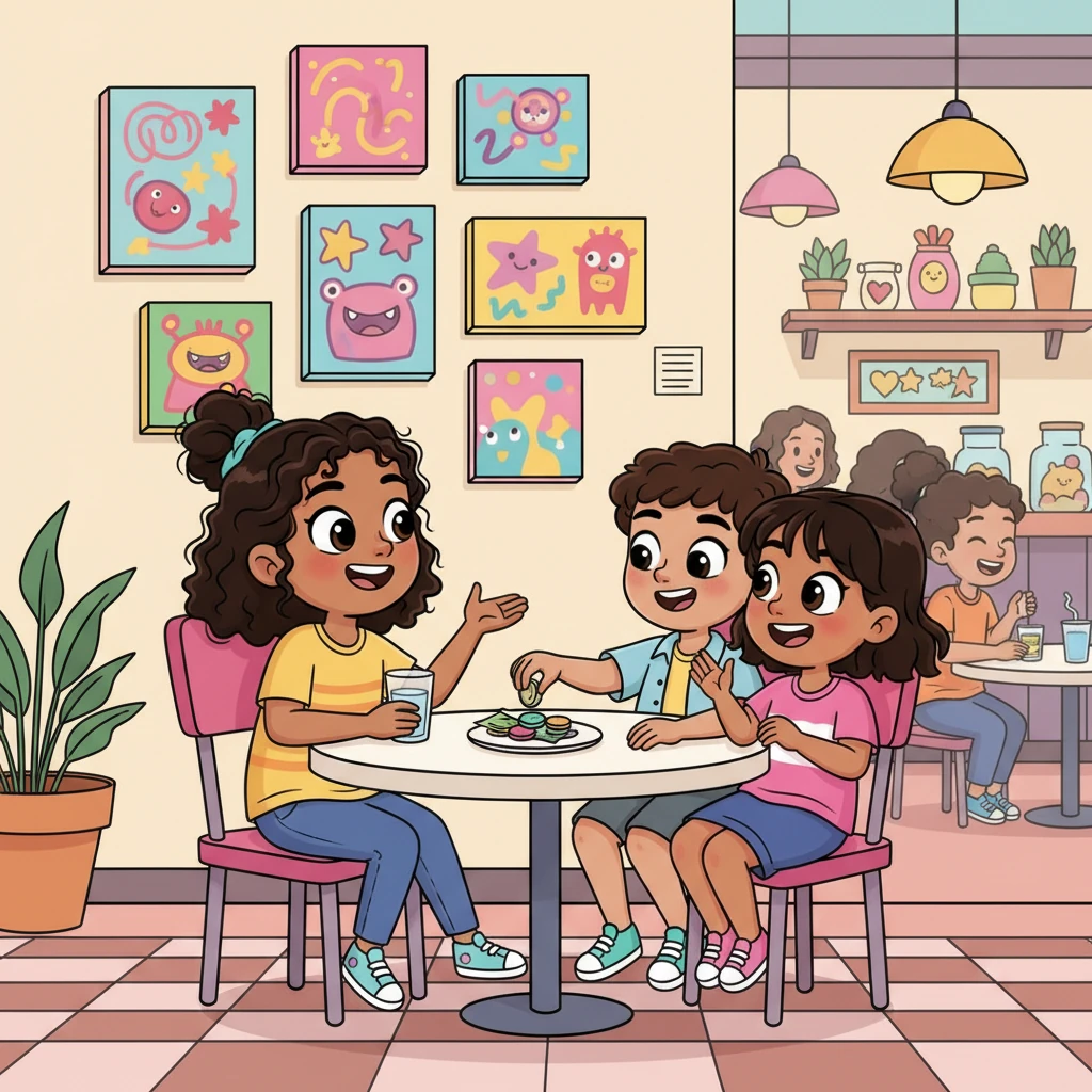 Al mediodía, Claudia comparte risas y anécdotas con sus compañeros en un restaurante animado y lleno de color. Mientras disfruta de su agua y paga la cuenta por adelantado, su mirada se detiene en una peculiar exposición de pintura local en la pared, con obras de arte divertidas y abstractas.