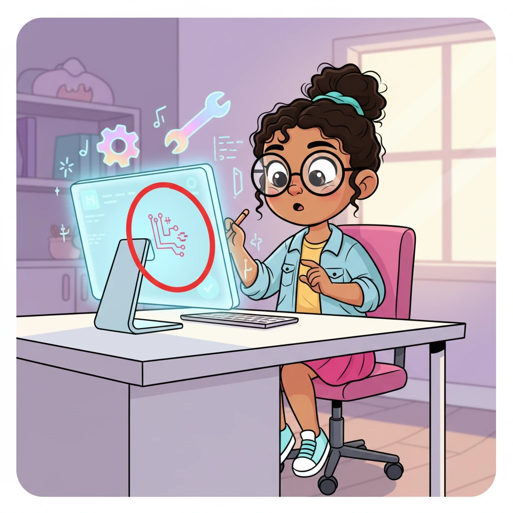 De regreso en su escritorio, Claudia está concentrada en su diseño, rodeada de herramientas digitales flotantes y brillantes. Con ojo de águila, detecta un pequeño error y lo marca con un círculo grande y rojo en la pantalla, asegurándose de que quede claro para todos.