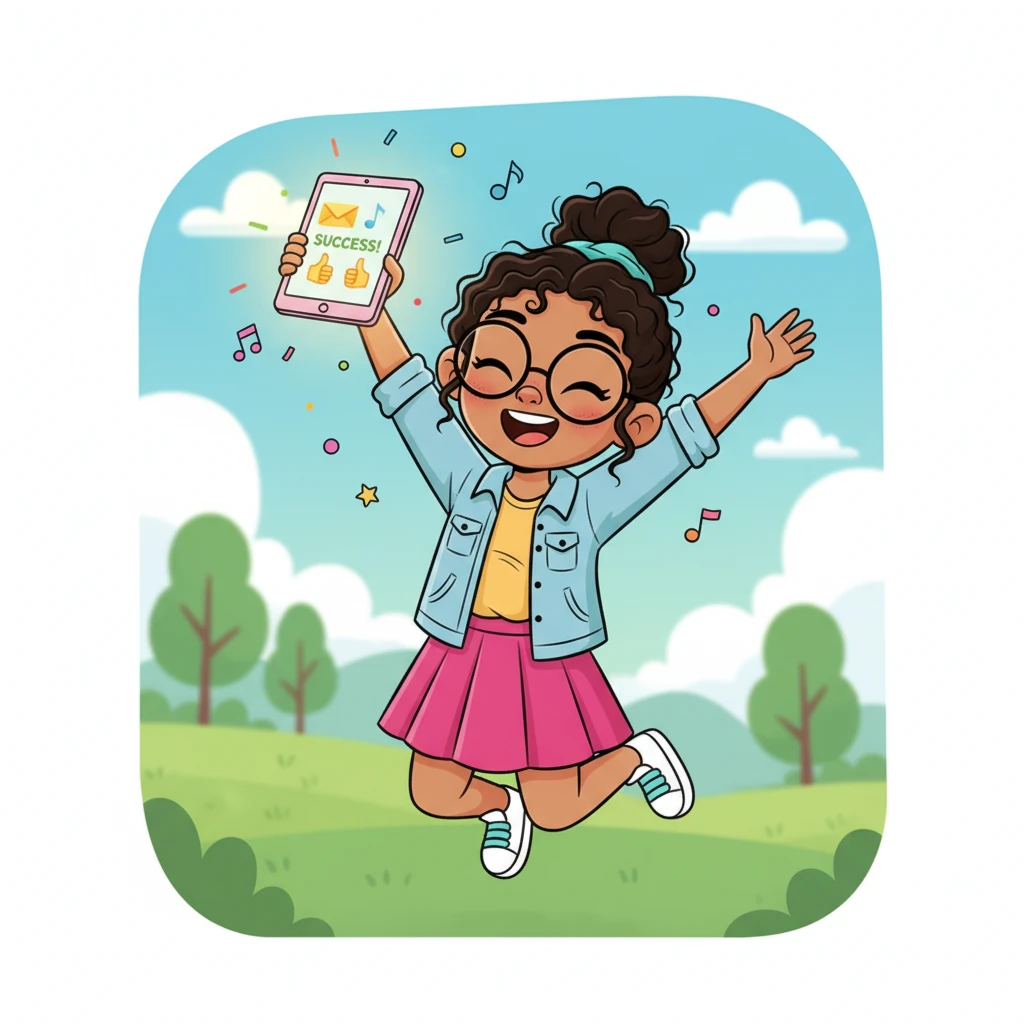 La pantalla de Claudia se ilumina con un nuevo correo electrónico del cliente, y su rostro se transforma en una expresión de pura alegría. El mensaje de felicitación, con emoticonos de pulgares hacia arriba, confirma que su trabajo ha sido un éxito claro y profesional.