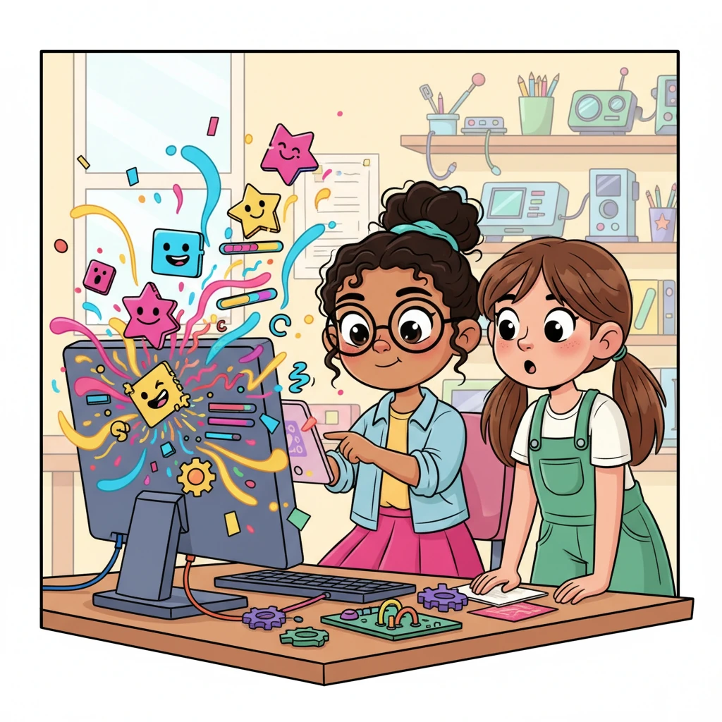 El sistema de la computadora de una compañera se vuelve loco, mostrando errores cómicos y coloridos. Claudia, con una expresión de concentración juguetona, le presta su computadora y la ayuda con el problema, ambas trabajando juntas con calma a pesar del caos digital.