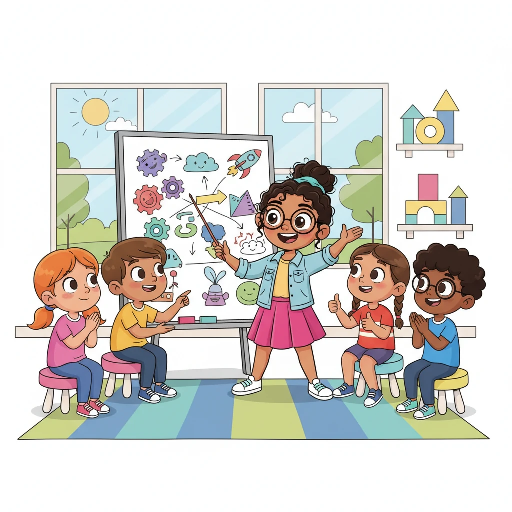 Claudia, con una pizarra llena de diagramas y garabatos divertidos, se visualiza liderando una reunión mañana. Imagina a sus compañeros con expresiones curiosas, listos para escuchar sus explicaciones y ofrecer su apoyo en el próximo proyecto.