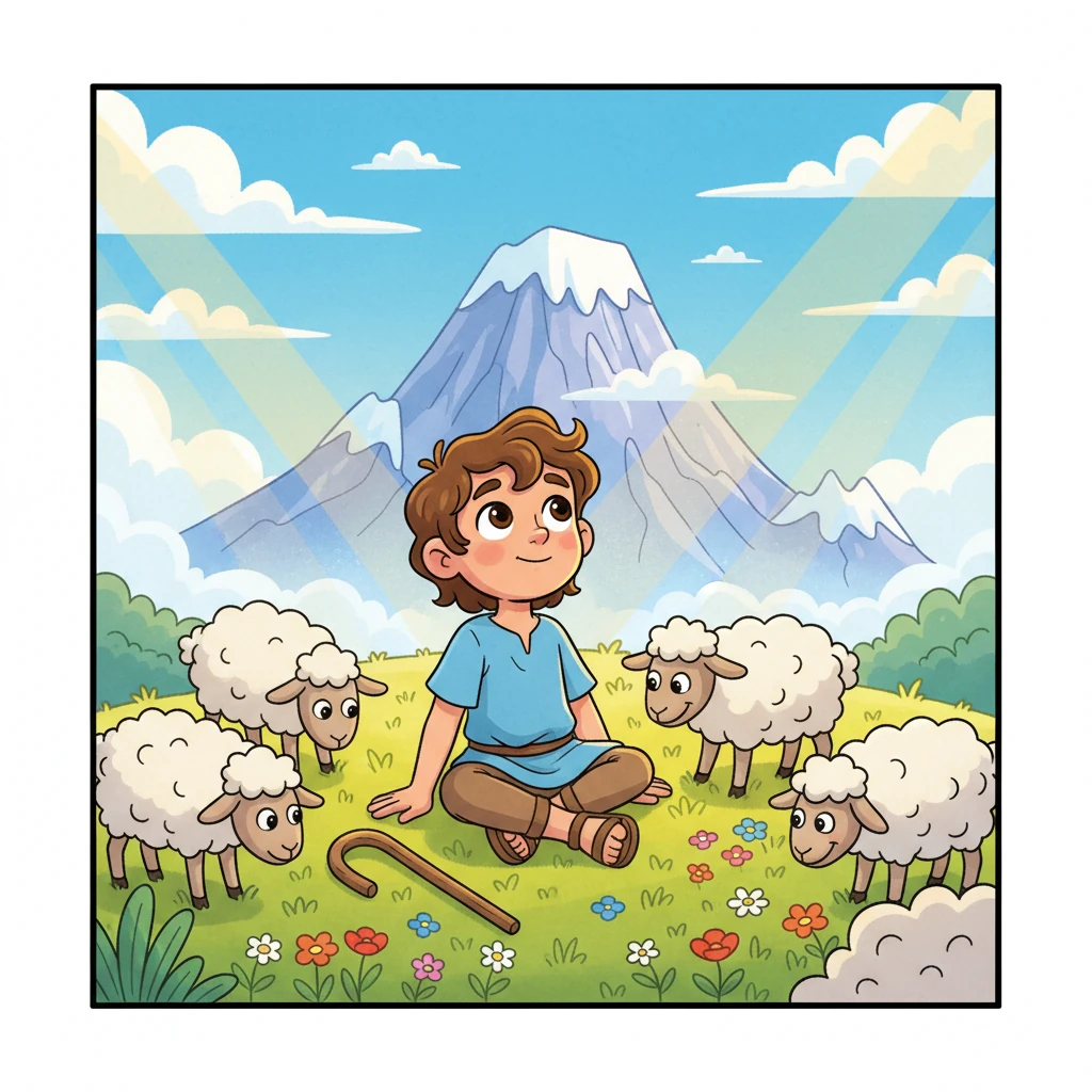 小牧童提奥坐在阳光下的山坡上,羊群在他身边悠闲地吃草。他仰望着远方的奥林匹斯山,梦想着那些传说中的英雄和神祇,想象自己也能经历一场伟大的冒险。他的眼睛里闪烁着对未知世界的好奇与渴望。