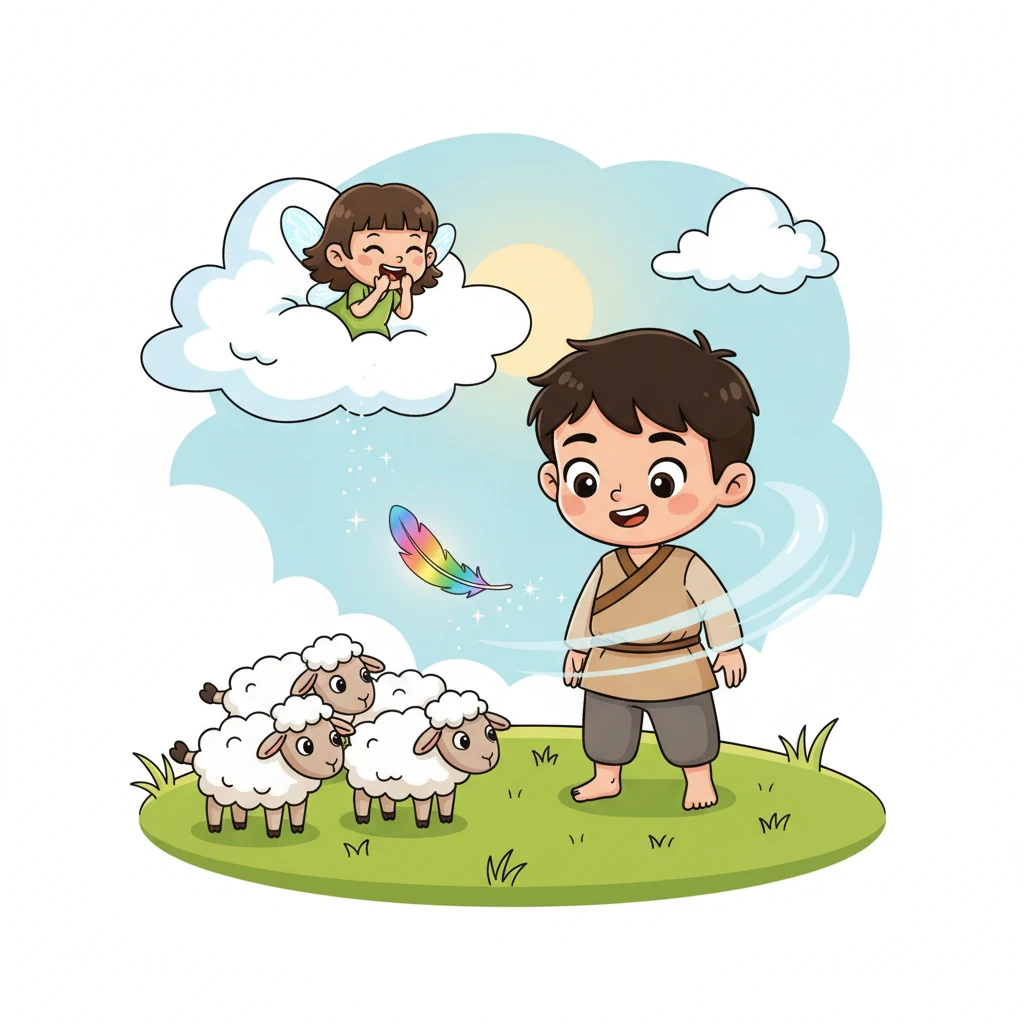 突然,一阵微风吹过,一只顽皮的小仙女从云朵后面探出头来,咯咯地笑着。她不小心掉落了一根闪闪发光的羽毛,那羽毛在空中旋转着,带着彩虹般的光芒,轻轻地落在了提奥的脚边。