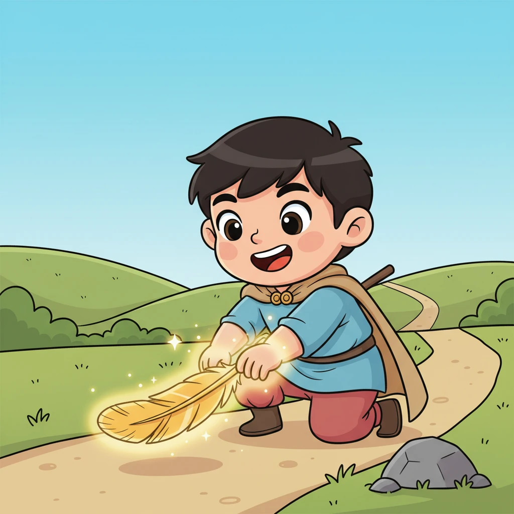 提奥好奇地捡起那根羽毛,它立刻散发出温暖的光芒,轻轻地触碰了他的手心。一股奇妙的能量流遍他的全身,让他感觉自己充满了活力和一点点淘气的魔法。他忍不住咯咯地笑了。