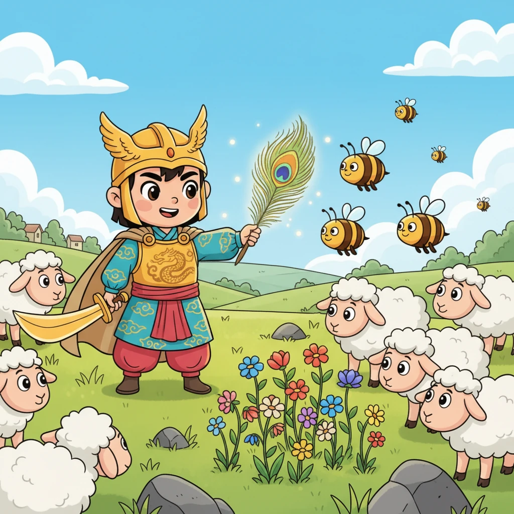 提奥决定试试这魔法。他轻轻挥舞羽毛,一片枯萎的小花苞瞬间绽放出鲜艳的色彩,引来了一群嗡嗡叫的蜜蜂。羊群也好奇地围了过来,仿佛在欣赏这个小小的奇迹。