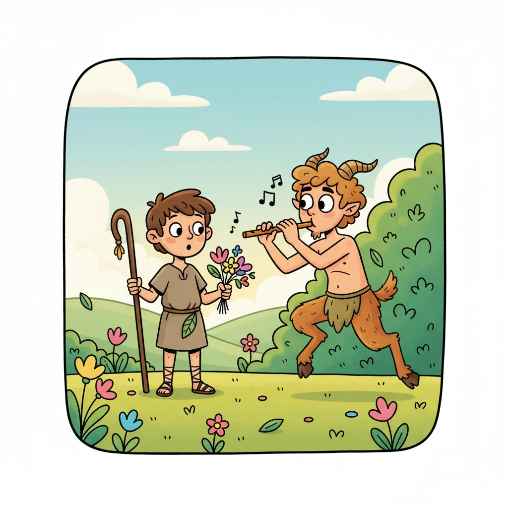 一位长着山羊角和山羊腿的顽皮萨提尔突然从树丛中跳了出来,他吹奏着一支小笛子。他看到了提奥手中的羽毛和盛开的花朵,眼睛滴溜溜一转,决定和这个有趣的小牧童玩个游戏。