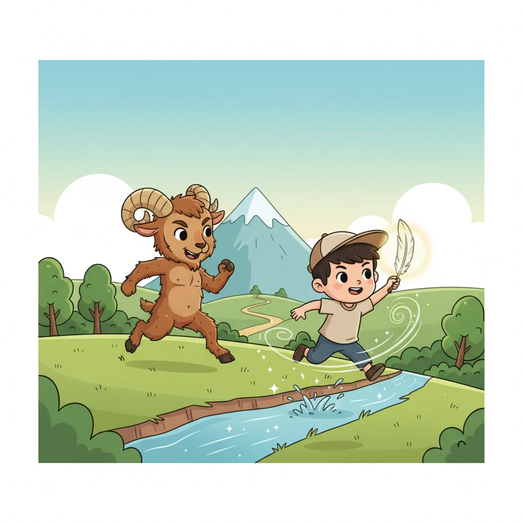 萨提尔邀请提奥进行一场友谊赛跑,看谁能先跑到山顶。提奥接受了挑战,在比赛中,他巧妙地利用羽毛的魔法,召唤了一阵微风,帮助他轻松地越过了一道小溪。