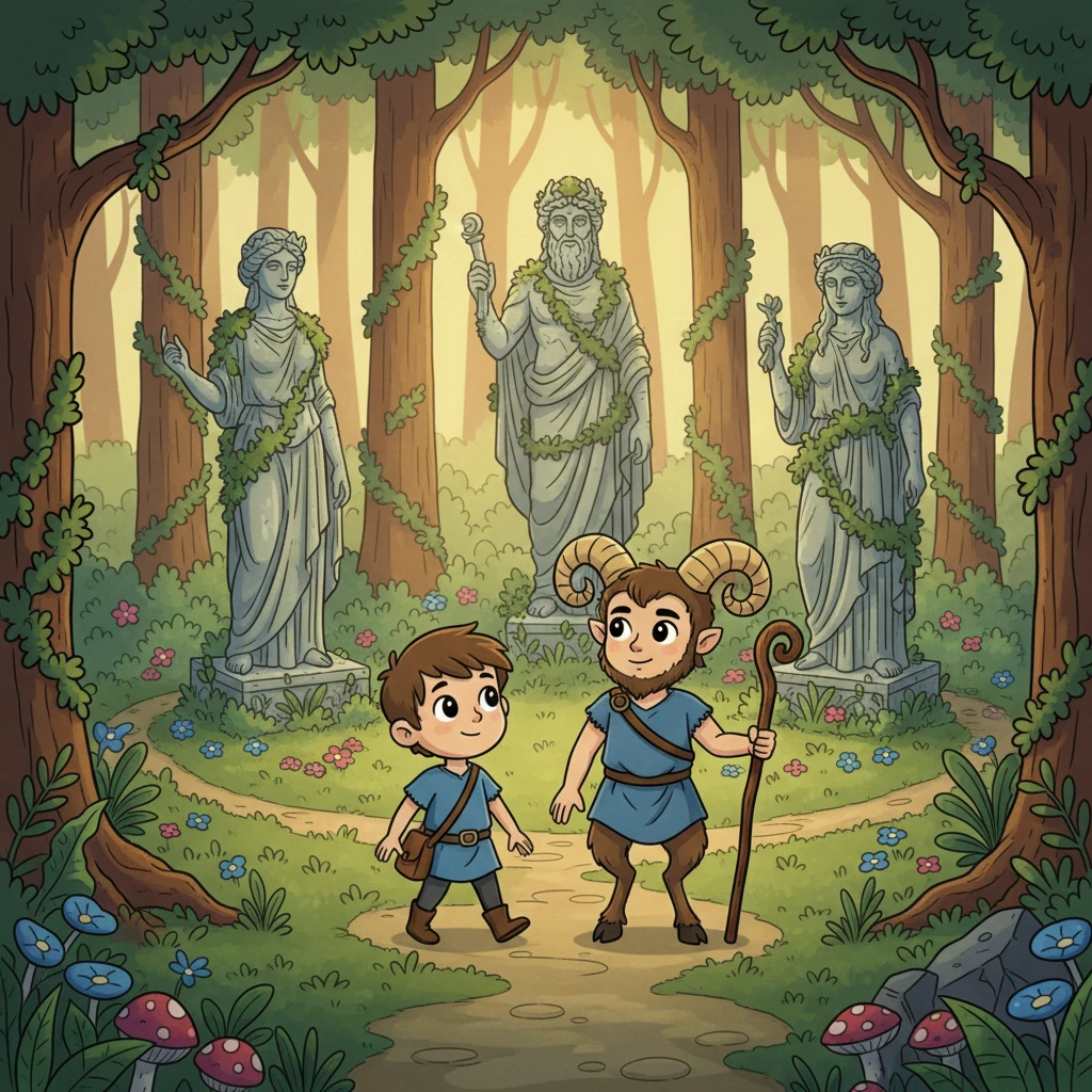 萨提尔对提奥的机智和魔法赞叹不已,他决定带提奥去一个秘密的地方。他们穿过一片茂密的森林,来到一个古老的圣地,那里矗立着几尊被藤蔓缠绕的、庄严的众神石像。