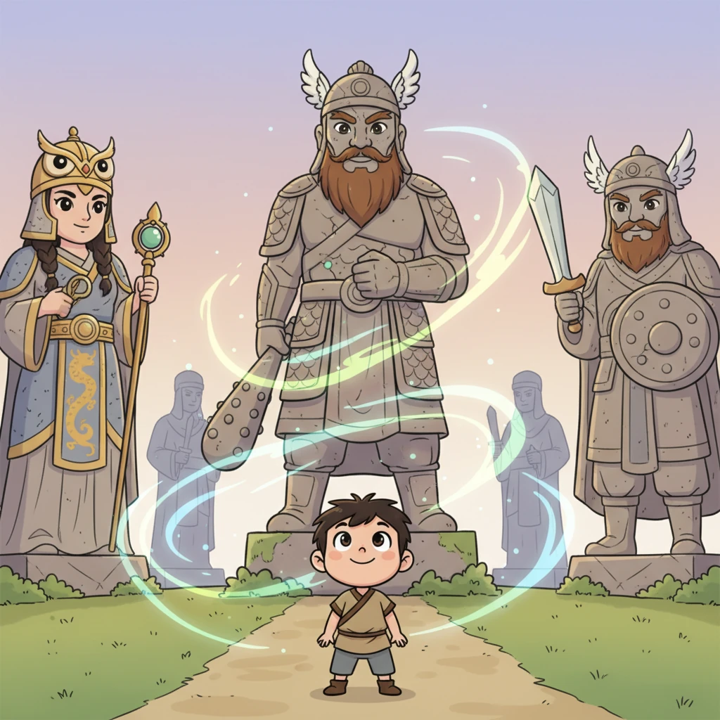 提奥仰望着那些神祇的石像,他感到一股莫名的力量和智慧环绕着他。他仿佛听到了来自远古的耳语,明白了即使是小小的魔法,也蕴含着巨大的善意和改变世界的力量。