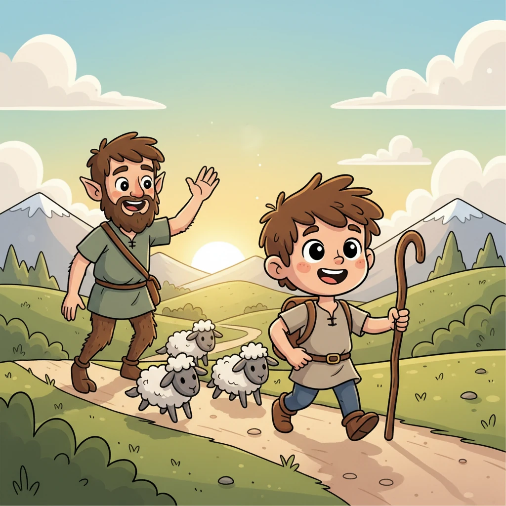 带着新的领悟和满心的喜悦,提奥和萨提尔告别,踏上了回家的路。他不再仅仅是一个牧羊人,他的心中充满了冒险的火花,知道自己可以成为一个与众不同的人。