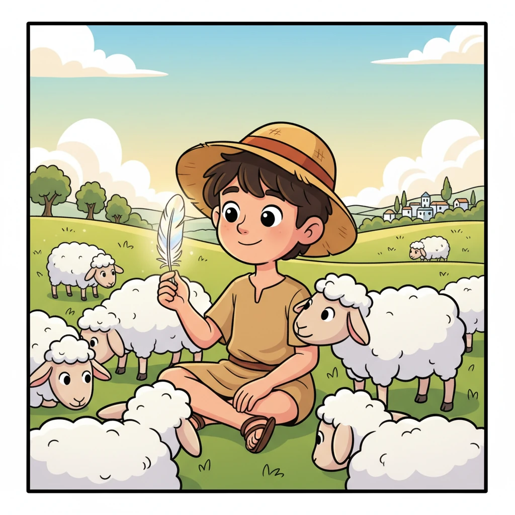 提奥回到了羊群中,他知道真正的英雄不一定非要在奥林匹斯山。即使在平凡的生活中,用小小的魔法和善良的心去帮助他人,也能创造出属于自己的伟大故事。他轻轻抚摸着羽毛,微笑着。