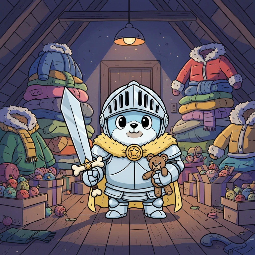 Diep verscholen op een zolder in Utrecht, tussen torenhoge stapels winterjassen en glimmende kerstballen, lag het geheime hoofdkwartier van de Gilde van de Pluizige Ridders. Hun leider, Bram de Beer, stond op wacht, zijn ene glazen oog altijd een beetje naar links gericht, speurend naar elk teken van avontuur. De zolderlamp wierp lange, dansende schaduwen, waardoor elke doos een potentieel gevaar leek. Bram, met zijn versleten neus, was klaar voor actie.