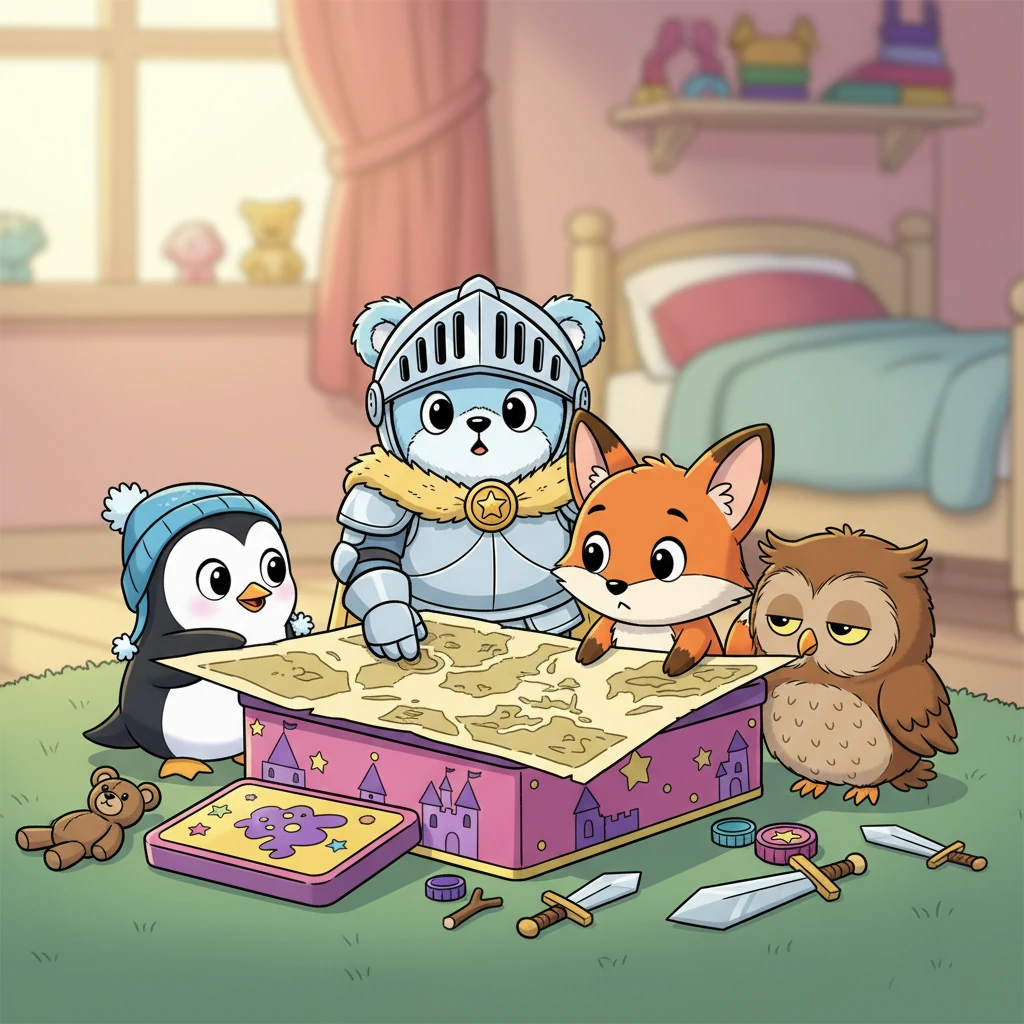 Bram riep zijn dappere Pluizige Ridders bijeen rond een omgekeerde koekjesdoos die dienst deed als tafel. Daar zaten Pip het Pinguïnnetje, Fiep de Vos, en een slaperige Uil genaamd Oehoe. Hun kleine, expressieve gezichten keken vol verwachting naar Bram, die met zijn poot op een oude, vergeelde kaart tikte. De sfeer was gespannen maar vol opwinding.