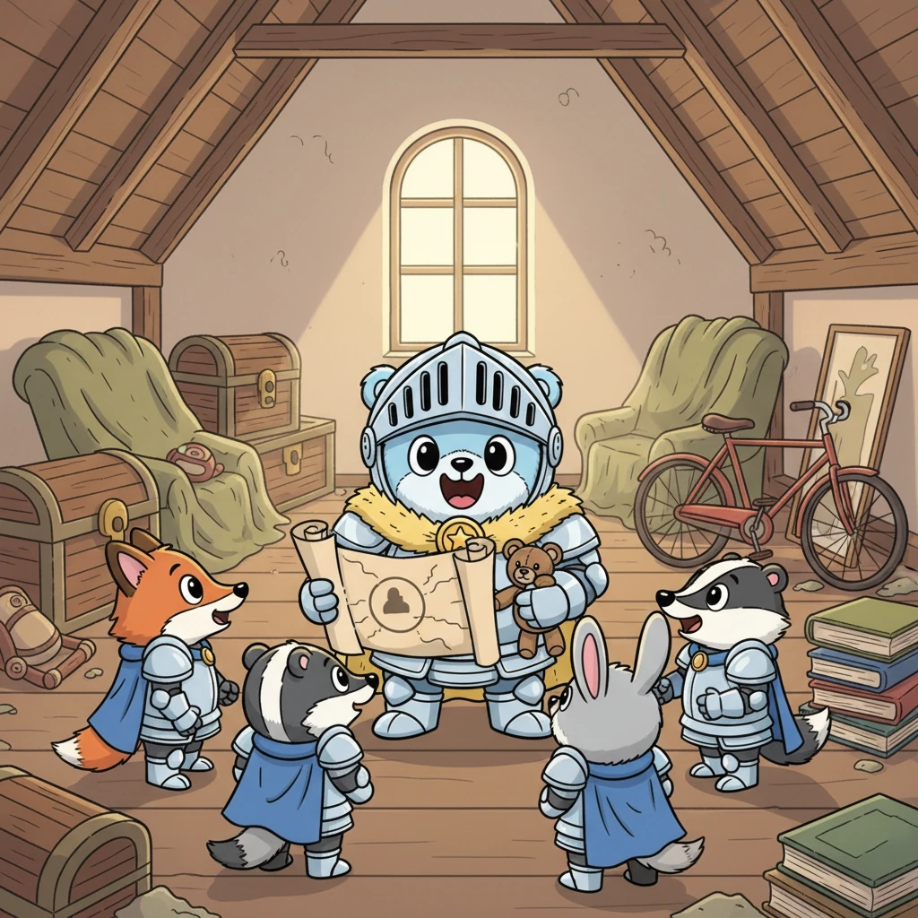 Ridders, begon Bram met een diepe, brommende stem, er is een mysterie dat opgelost moet worden: het Mysterie van de Vergeten Beer! Hij wees naar een vage plek op de kaart, die een onontdekt hoekje van de zolder toonde. Dit vergat beertje was ooit een dierbare vriend, en het was hun nobele taak om hem te vinden en thuis te brengen. Een zucht van verbazing ging door de groep.