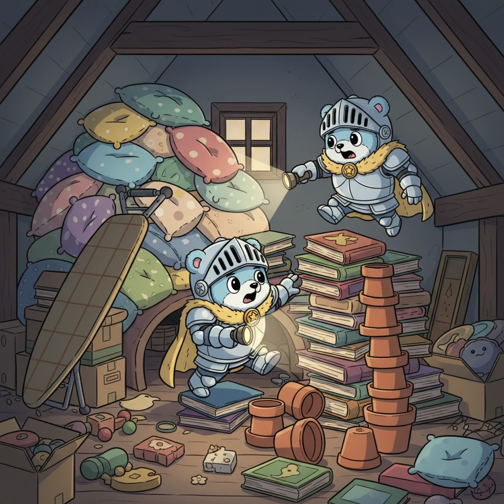 Met hun kleine zaklampjes en vastberaden harten begonnen de ridders hun zoektocht. Ze klauterden over stapels boeken, glibberden onder een omgevallen strijkplank door en manoeuvreerden voorzichtig langs een wankele toren van lege bloempotten. Pip tuimelde bijna van een stapel kussens, maar Fiep ving hem net op tijd. De zolder was een doolhof vol verrassingen.